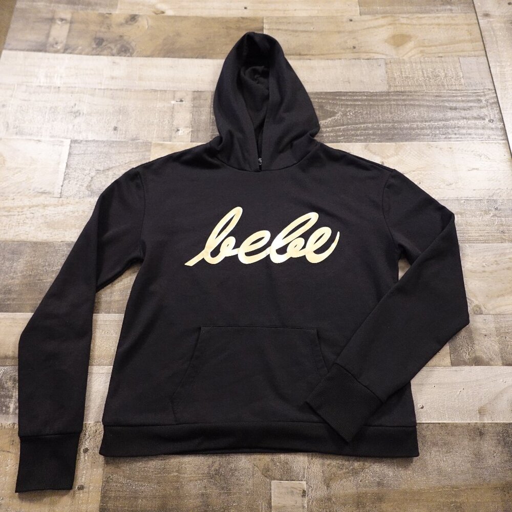 Bebe sport‎ pullover hoodie women's large black cursive logo